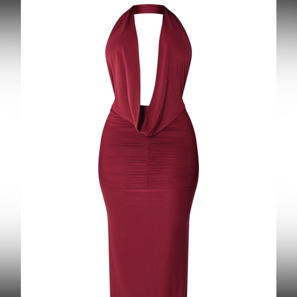 PrettyLittleThing Burgundy Backless Halter Dress
